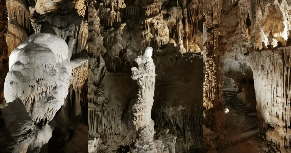 Formations géologiques impressionnantes à l'intérieur de la Grotte des Demoiselles dans l'Hérault, comprenant stalactites et stalagmites majestueuses.