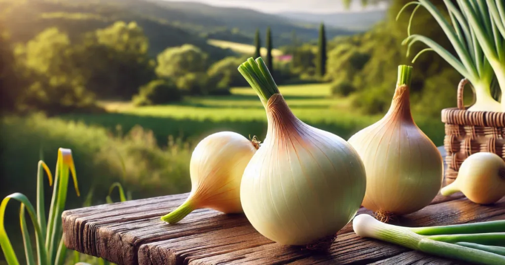 Oignons doux des cévennes posés sur une table en bois dans un cadre naturel- spécialités cévenoles