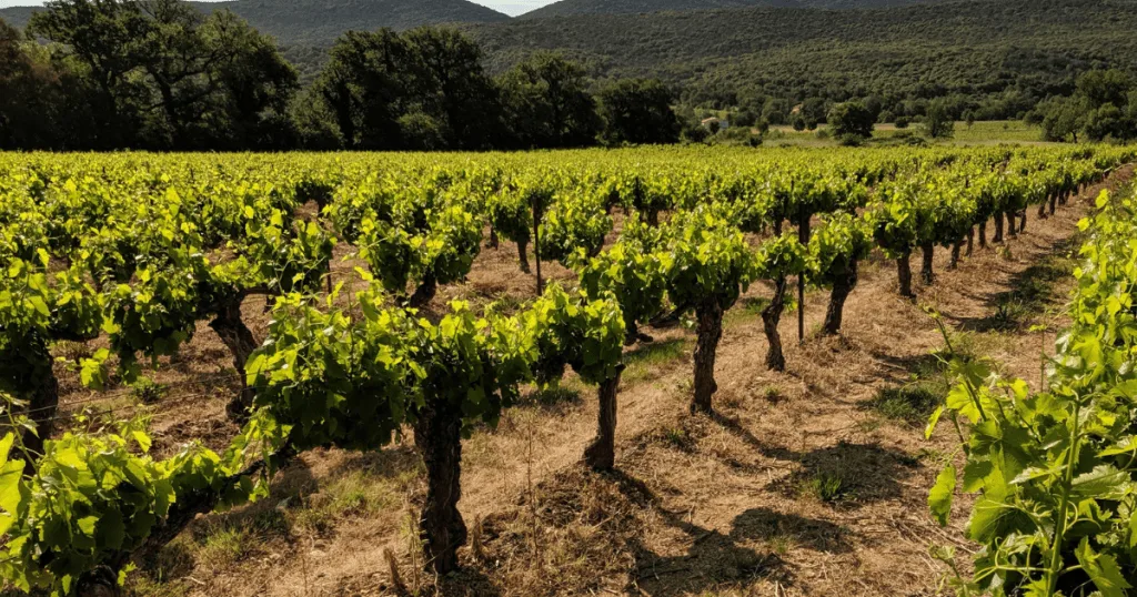 Les vignes de Montoulieu, terre des Deux Sources, capturant l'essence du terroir cévenol sous un ciel ensoleillé.