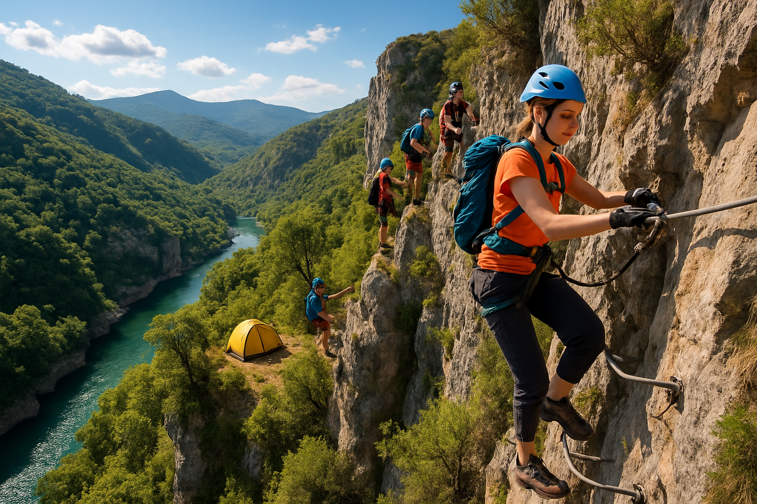 Vue panoramique sur un camping écoresponsable dans les Cévennes avec tentes en toile, chalets en bois et paysages naturels majestueux en arrière-plan.