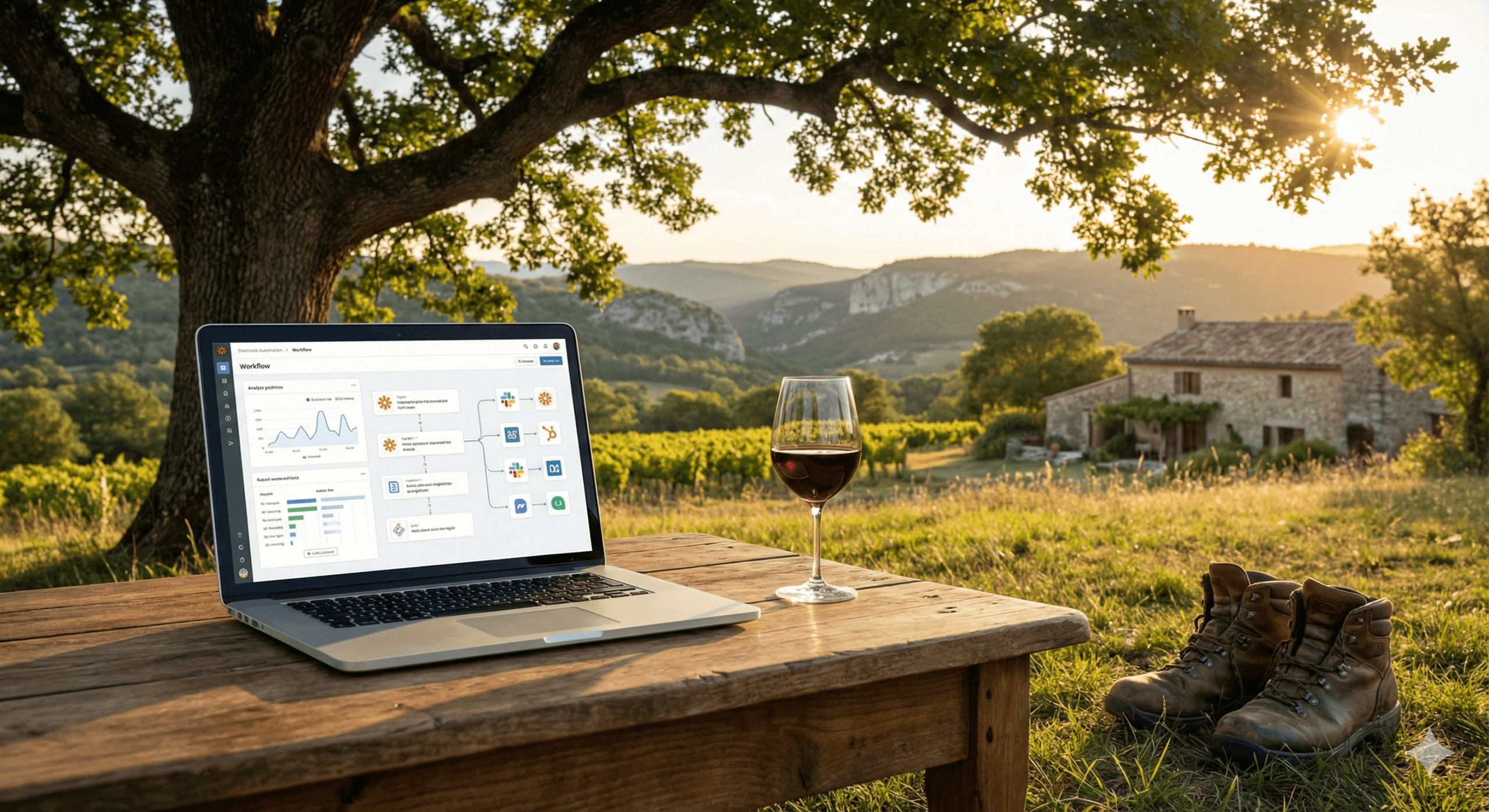 Bureau de télétravail en extérieur dans les Cévennes : ordinateur portable affichant un dashboard d'automatisation, posé sur une table rustique avec chaussures de randonnée